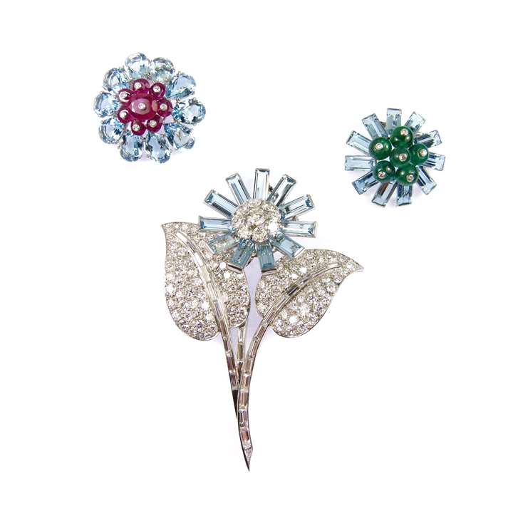 Aquamarine, diamond and gem set interchangeable floral spray brooch, with three various flowerheads